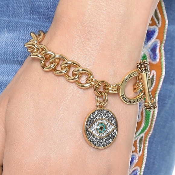 Juicy Couture Jewelry - Juicy Couture Gold Chain Crystal Evil Eye Pendant Bracelet NWOT
